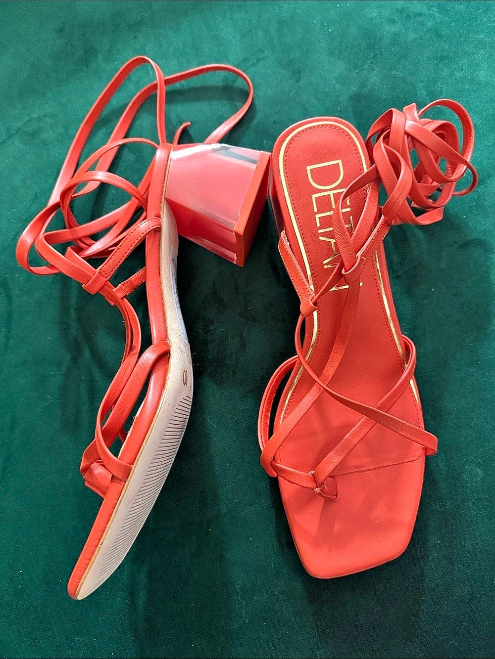 Deltan Orange Strappy Block Heel Sandals US 10 NWOT